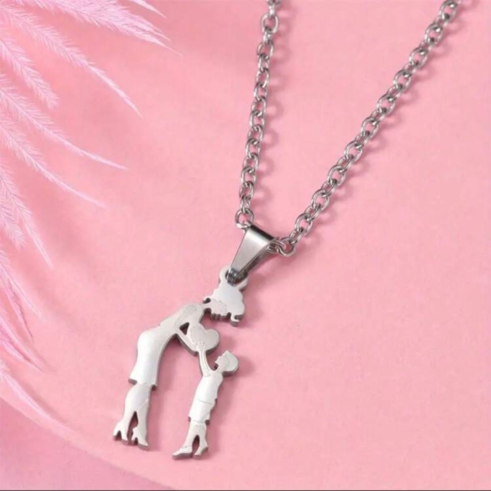 Silver Mother and Child Necklace, Stainless Steel Mother and Son Necklace